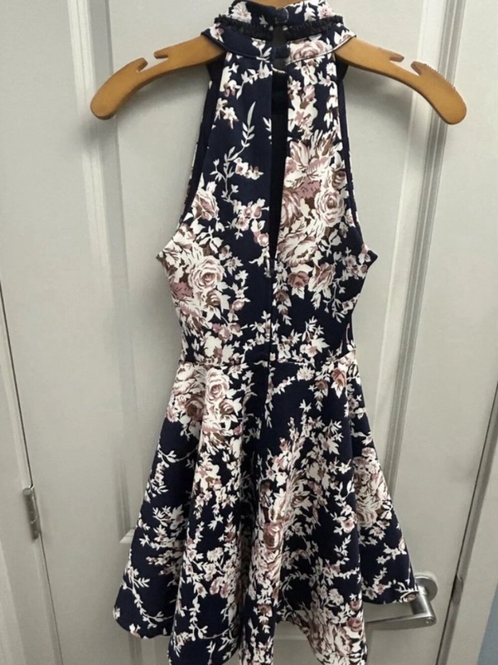 B. Darlin Navy Pink White Floral Halter Fit & Flare Short Dress